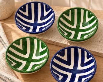 Moroccan Ceramic Bowl Set of 4, Hand Painted Green & Cream Bowls, Terracotta Pottery, Artisan Serving Bowls, Housewarming Gift