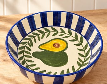 Hand Painted Moroccan Ceramic Serving Bowl, Blue Stripe & Olive Green Bowl, Large Artisan Salad Bowl, Mediterranean Pottery