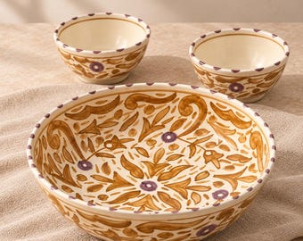 Hand Painted Moroccan Bowl Set of 3, Serving Bowl & 2 Small Bowls, Handmade Ceramic Tableware, Olive Floral Pottery