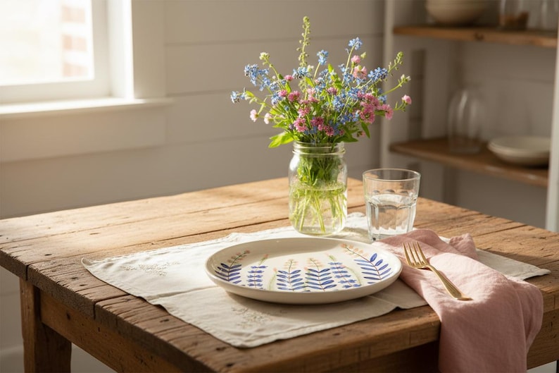 May include: A rustic wooden table is set with a floral arrangement in a mason jar, a plate with a blue and yellow design, a glass of water, and a pink napkin with a gold fork. The scene is bathed in natural light.