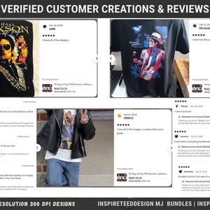 Pode incluir: Imagem mostrando avalia&ccedil;&otilde;es de clientes de designs com tema Michael Jackson. Os designs s&atilde;o impressos em camisetas pretas. As avalia&ccedil;&otilde;es s&atilde;o positivas, com os clientes elogiando a qualidade e o design. O texto "VERIFIED CUSTOMER CREATIONS & REVIEWS" est&aacute; no topo.