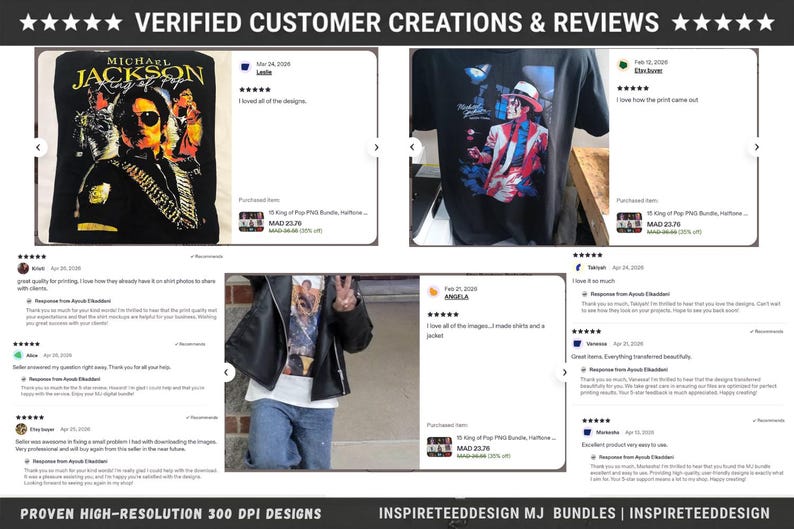 Pode incluir: Imagem mostrando avalia&ccedil;&otilde;es de clientes de designs com tema Michael Jackson. Os designs s&atilde;o impressos em camisetas pretas. As avalia&ccedil;&otilde;es s&atilde;o positivas, com os clientes elogiando a qualidade e o design. O texto "VERIFIED CUSTOMER CREATIONS & REVIEWS" est&aacute; no topo.