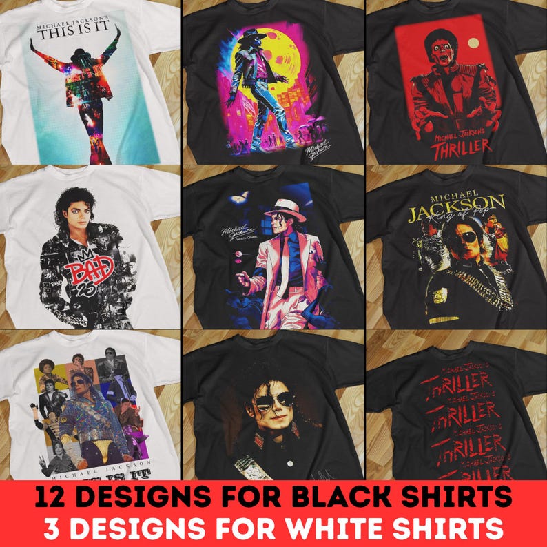 Pode incluir: Cole&ccedil;&atilde;o de camisetas pretas e brancas com designs de Michael Jackson. As camisetas apresentam v&aacute;rios gr&aacute;ficos, incluindo retratos, arte de &aacute;lbuns e as palavras "Thriller" e "This Is It".