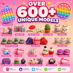Può includere: Una collezione di vari giocattoli sensoriali e fidget in silicone colorati su sfondo rosa. L'immagine presenta il testo OVER 600+ UNIQUE MODELS, mostrando categorie come figurine di animali, cubi fidget, tartarughe, cactus, tazze da caffè, portachiavi UFO, cuori, torte, articoli natalizi, macaron, controller di gioco, piante, bombe e forme antistress.