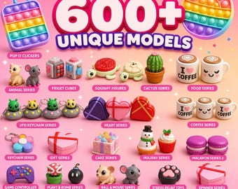 Puede incluir: Una colección de varios juguetes sensoriales y fidgets de silicona coloridos sobre un fondo rosa. La imagen presenta el texto OVER 600+ UNIQUE MODELS, mostrando categorías como figuras de animales, cubos fidget, tortugas, cactus, tazas de café, llaveros de ovnis, corazones, pasteles, artículos festivos, macarons, mandos de juego, plantas, bombas y formas antiestrés.