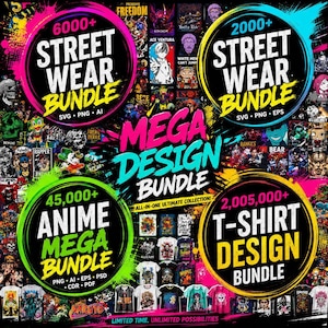 以下が含まれることがあります： 6000+ Street Wear Bundle、2000+ Street Wear Bundle、45,000+ Anime Mega Bundle、2,005,000+ T-Shirt Design Bundleというテキストとファイル形式が記載された4つの円形バッジを含む、メガデザインバンドルのデジタルグラフィック広告。