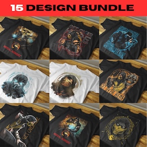 Könnte beinhalten: Eine Sammlung von 15 T-Shirt-Designs mit Grafiken von Mortal Kombat. Die Shirts sind schwarz und weiß und zeigen verschiedene Charakterillustrationen und Texte, darunter "Mortal Kombat" und "Get Over Here."