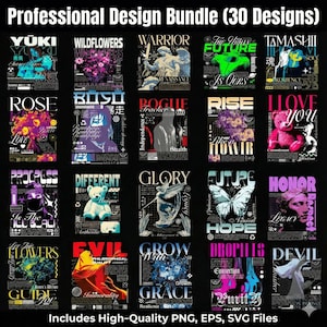 Pode incluir: Um pacote de design profissional com 30 designs exclusivos. Cada design tem uma estética distinta, com uma mistura de elementos florais, abstratos e figurativos. Os designs incluem texto como "Yuki", "Wildflowers" e "Warrior". O pacote inclui arquivos PNG, EPS e SVG de alta qualidade.