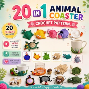 Puede incluir: Imagen que muestra 20 patrones de posavasos de animales de ganchillo. Los posavasos tienen forma de varios animales, como una rana, una mariquita y una tortuga. La imagen incluye el texto "20 en 1 Animal Coaster Crochet Pattern".
