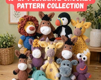 10-in-1 Animal Plushies Bundle, Handmade Crochet Animal Set, Giraffe, Lion, Crocodile, Horse, Cute Amigurumi Animal Toys