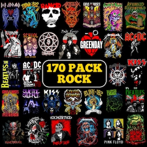 Op de afbeelding: Een verzameling van 170 grafische stickers van rockbands met diverse logo's en illustraties van bands zoals Def Leppard, Blink-182, Guns N' Roses, Metallica, AC/DC en Pink Floyd, met de tekst 170 PACK ROCK in het midden gecentreerd.