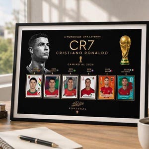 Op de afbeelding: Een ingelijste zwarte poster met een portret van Cristiano Ronaldo, de tekst 6 MUNDIALES UNA LEYENDA CR7 CRISTIANO RONALDO CAMINO AL 2026, een gouden trofee-illustratie en zes individuele spelerskaarten voor de jaren 2006 tot en met 2026.