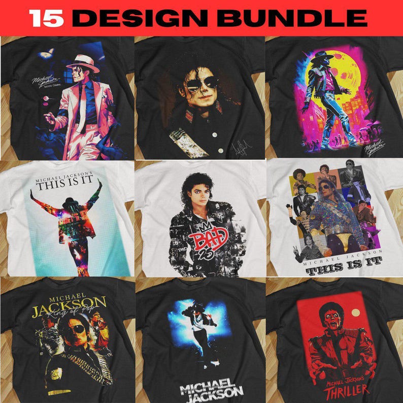 Pode incluir: Uma cole&ccedil;&atilde;o de nove camisetas com v&aacute;rios designs relacionados a Michael Jackson. As camisetas s&atilde;o pretas e brancas, com estampas gr&aacute;ficas do artista em diferentes poses e estilos. O texto "15 DESIGN BUNDLE" est&aacute; no topo.