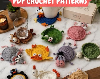 11 Animal Coaster Crochet Patterns Bundle (PDF), Amigurumi Mug Rugs