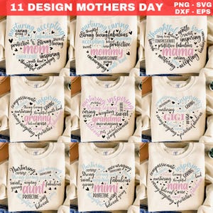 Könnte beinhalten: Elf cremefarbene Sweatshirts mit herzförmigen Designs werden gezeigt. Jedes Design zeigt Wörter wie "Mama", "Oma", "Tante" usw., umgeben von verwandten Wörtern. Der Text "11 DESIGN MOTHERS DAY" befindet sich oben.