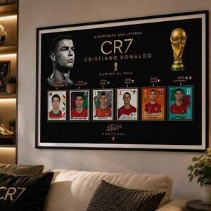 Op de afbeelding: Een zwart ingelijste wandposter met een portret van Cristiano Ronaldo, de tekst CR7 en een tijdlijn van zes WK-deelnames van 2006 tot 2026, ge&iuml;llustreerd met individuele spelerskaarten en een afbeelding van een gouden WK-trofee.