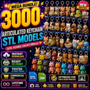 Könnte beinhalten: Eine digitale Werbeanzeige für ein Mega-Paket mit über 3000 beweglichen Schlüsselanhänger-STL-Modellen. Das Bild zeigt zahlreiche bunte Miniatur-Tierfiguren, darunter Drachen, Bären und Nagetiere, die auf Regalen angeordnet sind.