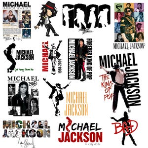 May include: A selection of images themed around Michael Jackson. The images include portraits, silhouettes, and text featuring the name "Michael Jackson" and song titles like "Bad" and "Get Away From Me". The images are in various styles.