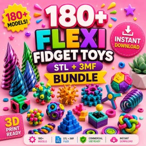 May include: A digital collection of 180+ flexi fidget toys in a 3D print ready bundle. The image features various colourful plastic-like models including spirals, geometric shapes, and spheres, with text stating 180+ MODELS, FLEXI FIDGET TOYS, STL + 3MF BUNDLE, and INSTANT DOWNLOAD.