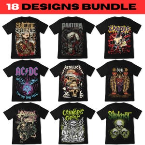 May include: A collection of nine black graphic t-shirts featuring various band logos and artwork. The designs include bands like Pantera, Metallica, and Slipknot, with skull and creature imagery. The text "18 DESIGNS BUNDLE" is at the top.