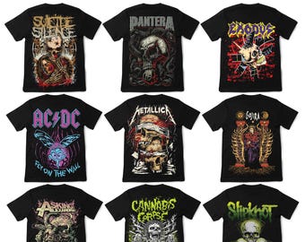 Può includere: Una collezione di nove t-shirt nere con grafiche di band musicali, tra cui Pantera, Metallica e Slipknot. I disegni presentano teschi e altre immagini. Il testo "18 DESIGNS BUNDLE" è in alto.