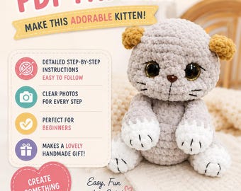 Kitten Crochet Pattern PDF | Amigurumi Plush Cat Tutorial (US Terms) | 20cm Finished Size