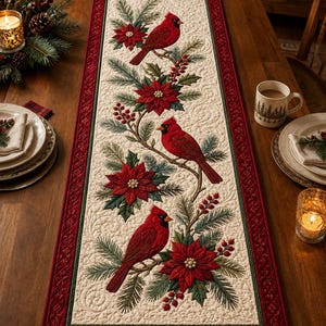 Winter kardinaal kerstster gewatteerde tafelloper, rustiek vakantie keukendecor