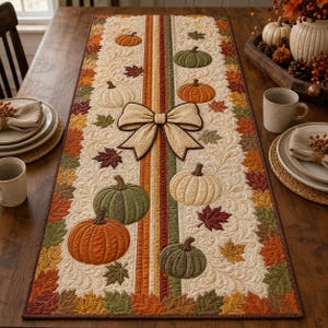 Pode incluir: Caminho de mesa acolchoado creme com tema de outono. Apresenta abóboras bordadas, folhas de outono e um grande laço. O caminho de mesa tem uma faixa central com linhas verticais laranja, vermelha e verde. A borda é decorada com folhas coloridas.