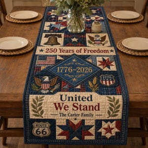 May include: A patriotic table runner with a blue background and various Americana-themed patches. The runner features the text "250 Years of Freedom," "1776-2026," and "United We Stand." It includes images of the American flag, an eagle, and stars.