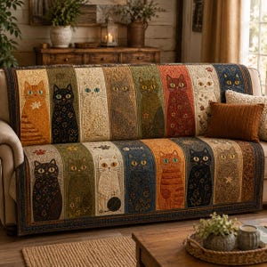 Puede incluir: Una funda de sofá acolchada con un patrón repetido de gatos estilizados en varios colores. Los gatos tienen diferentes patrones y expresiones, sobre un fondo de retazos de tonos tierra. La funda está diseñada para proteger el sofá.