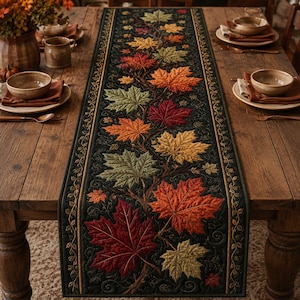 May include: A dark green table runner with embroidered autumn leaves in shades of red, orange, yellow, and green. The runner features a detailed floral border and is placed on a wooden table, perfect for fall decor.