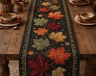 Quilted Maple Leaves Table Runner, Autumn Harvest Decor, Rustic Farmhouse Thanksgiving Scarf