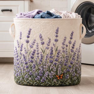 May include: A cream laundry basket with embroidered lavender and a butterfly. The basket has two handles and is filled with clothes. The design features purple lavender and green leaves, with a small orange butterfly.