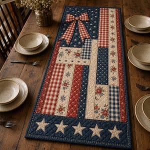 May include: A patriotic table runner with a patchwork design. The runner features a blue background with white stars, red and white gingham bow, and alternating red, white, and blue patterned stripes. Floral and polka dot patterns are also included. The runner is placed on a wooden table.