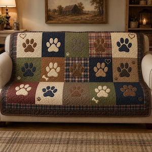 May include: A quilted sofa cover featuring a patchwork design with paw prints, hearts, and bone motifs. The squares are in shades of brown, blue, green, and cream, with a plaid border. The cover is placed on a white sofa.
