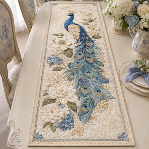 Puede incluir: Un camino de mesa rectangular que presenta un pavo real bordado con plumaje azul y dorado, rodeado de motivos florales blancos y azules sobre un fondo de tela acolchada color crema con costuras intrincadas y un borde decorativo.