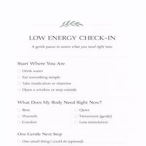 May include: A white paper with the text "LOW ENERGY CHECK-IN" and a checklist for self-care. The checklist includes prompts like "Drink water" and "Rest." The bottom of the paper reads "Willow & Anchor Co."