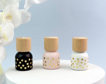 Frasco de vidro de 10ml para difusor de aromaterapia, difusor de varetas com estampa de bolinhas e tampa de madeira, frasco vazio para aromatizador de carro, presente decorativo com fragrâncias DIY