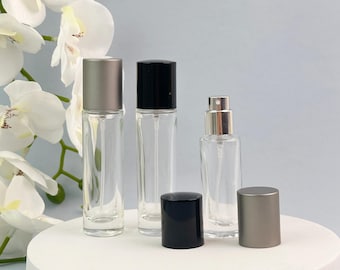 Frasco de vidro transparente de 10ml/15ml com spray, atomizador de névoa fina recarregável com gargalo rosqueado, frasco vazio para amostra de fragrância, tampa preta e prateada, frasco para perfume