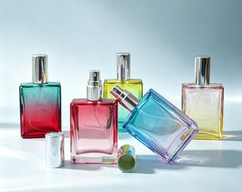 Frasco spray recarregável de 30ml, frasco de perfume de vidro degradê, tampa prateada, dispensador de névoa vazio, decoração para penteadeira, óleos essenciais, presentes perfumados.