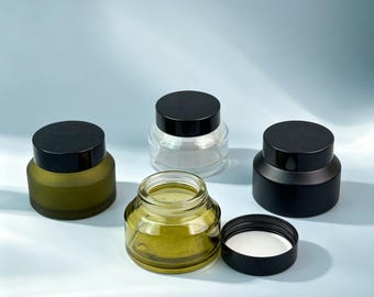 Pote de vidro de 50g para creme com tampa preta, recipiente cosmético vazio, pote transparente fosco verde/preto para cuidados com a pele, pote recarregável para creme facial/bálsamo.