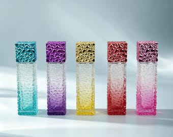 Frasco atomizador de vidro texturizado com efeito degradê de 50ml, frasco spray recarregável com tampa metálica, potes de perfume vazios, óleos essenciais e decoração de toucador