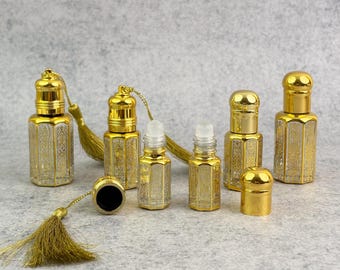 Frasco de vidro recarregável para perfume roll-on, mini frasco de óleo essencial árabe com borla dourada, para uso diário de fragrâncias.