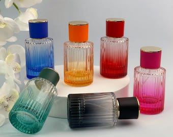 Frasco de vidro canelado colorido de 50ml com spray, atomizador recarregável com borrifador dourado, frasco degradê, frasco vazio para spray de fragrância, pote para perfume