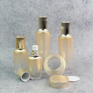 Luxusglas Cremeglas & Lotion Pumpflasche, Kosmetikbehälter mit Gold Farbverlauf, leere Hautpflege Verpackung, 50g Gesichtscreme Glas, Lotion Glas Schüttgut