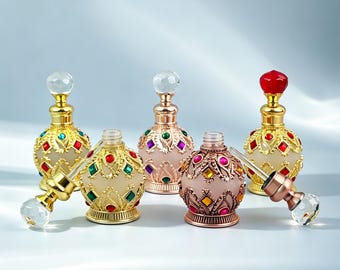 Frasco conta-gotas de vidro com detalhes em joias, 15ml, frasco vintage para óleo de perfume, frasco vazio para attar, frasco recarregável para óleo essencial, decoração para lembrancinhas de casamento.