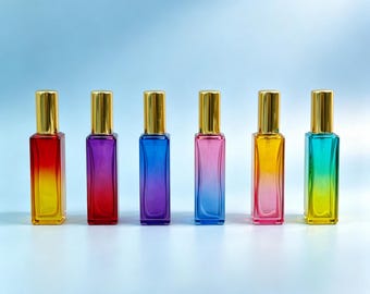 Frasco de vidro degradê de 20ml com spray, atomizador de névoa colorido e recarregável, frasco vazio para viagem, embalagem para cosméticos em spray corporal, pote de perfume