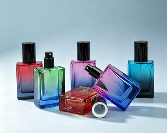 Frasco de vidro degradê de 30ml com spray, atomizador recarregável, recipiente quadrado para cosméticos, pote de perfume vazio, ideal para viagens e como presente para amantes de fragrâncias.