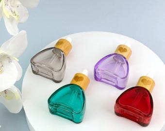 Frasco conta-gotas de vidro colorido de 12ml com tampa de bambu em formato de coração, frasco recarregável para sérum, frasco vazio para amostra de óleo essencial, tintura, faça você mesmo, cuidados com a pele, viagem.