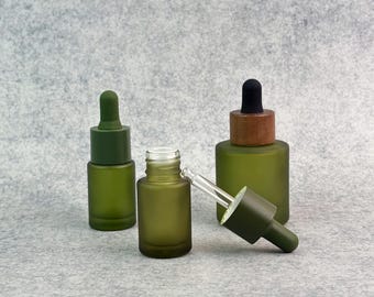 Frasco de sérum fosco de 15ml ou 30ml, frasco conta-gotas de vidro verde fosco, recipiente vazio para óleo essencial, tampa de madeira ou plástico, embalagem para cuidados com a pele faça você mesmo.